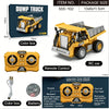 Yellow dump truck RC car with remote control, battery, and color box.