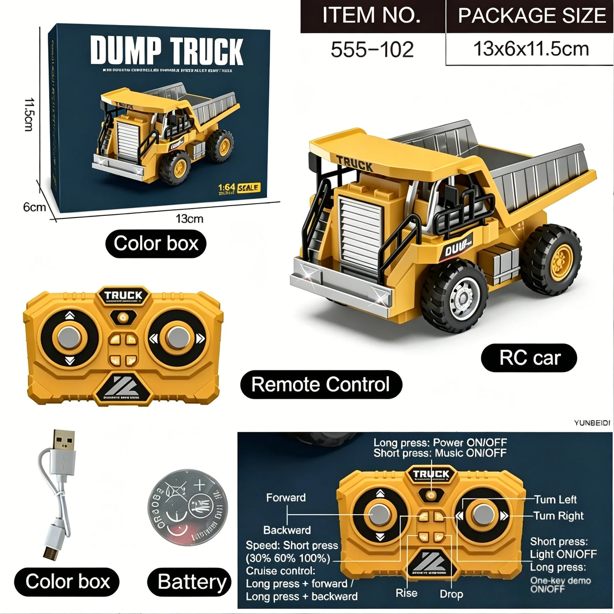 Yellow dump truck RC car with remote control, battery, and color box.