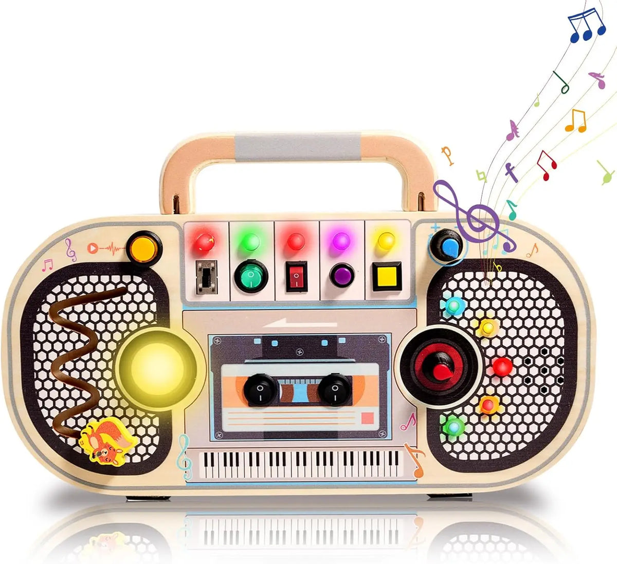 Table de radio en bois pour tout-petits avec notes musicales et boutons colorés.