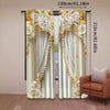 Pair of Baroque white and gold light-filtering curtains with ornate detailing hanging on a rod.