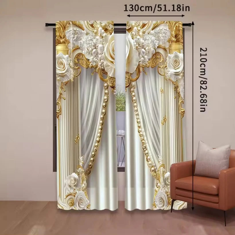Pair of Baroque white and gold light-filtering curtains with ornate detailing hanging on a rod.