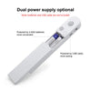 White motion-activated LED strip light showing dual power supply options for batteries or USB cable