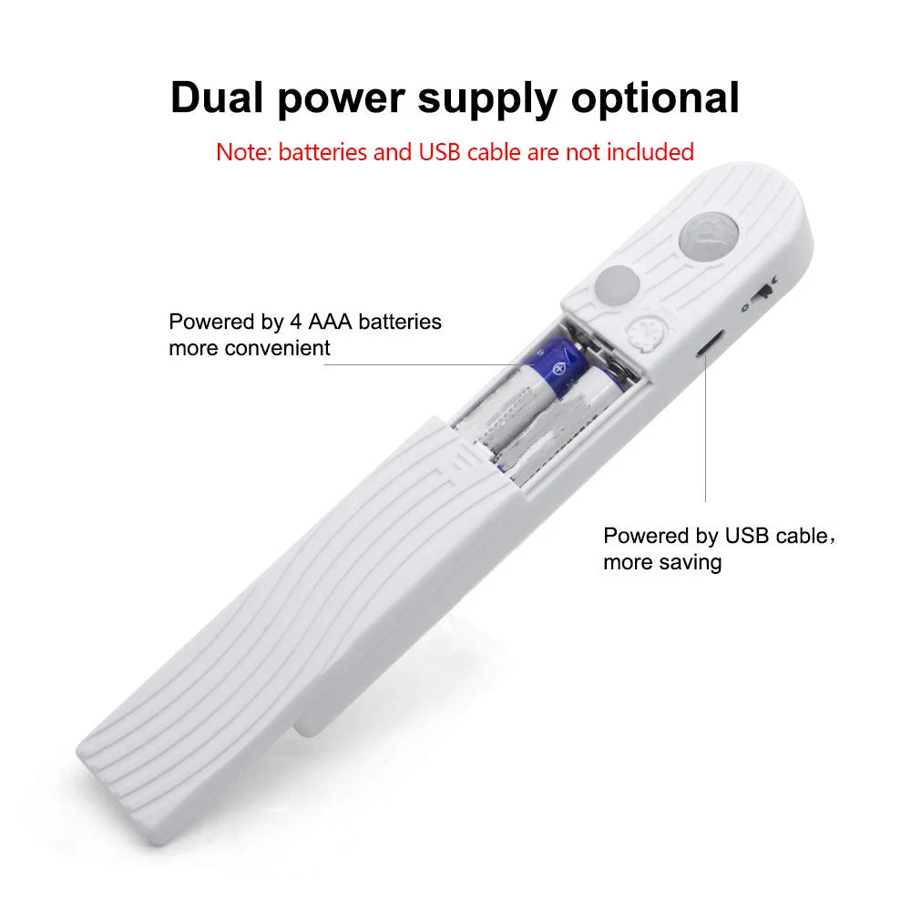 White motion-activated LED strip light showing dual power supply options for batteries or USB cable