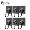 Six black adhesive hooks with metal clasps for kitchen, bathroom, and storage use