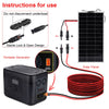 Instructions for use showing a portable generator, solar panel, and adapter cable setup.