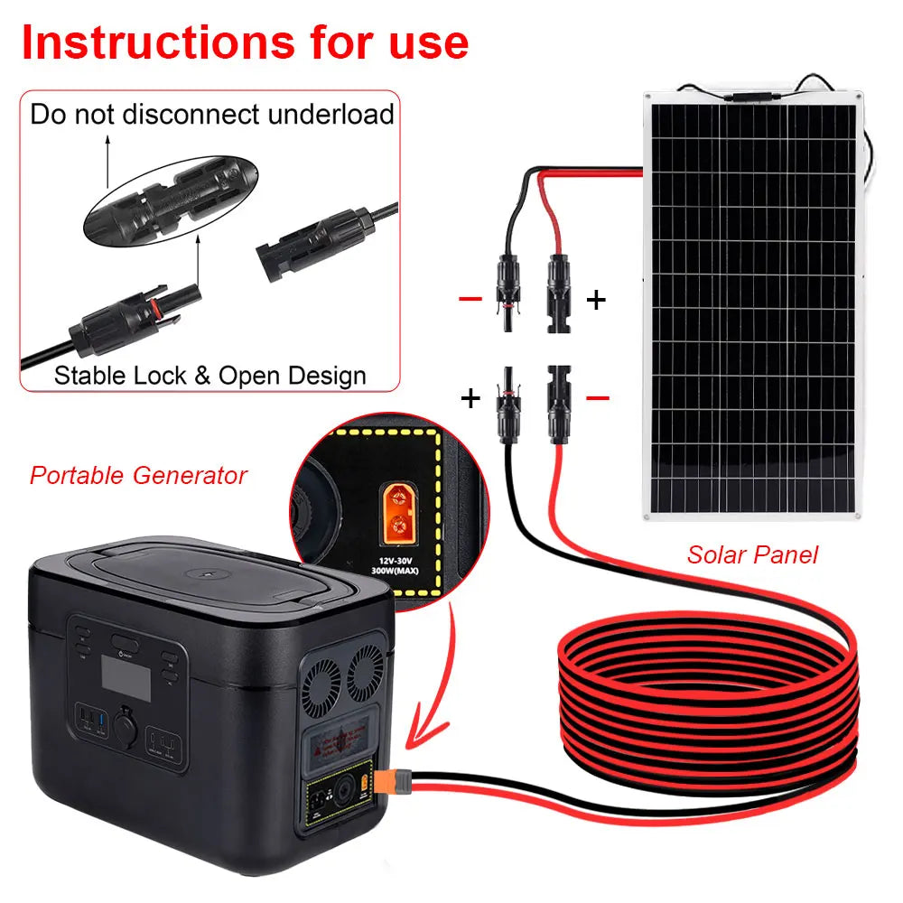 Instructions for use showing a portable generator, solar panel, and adapter cable setup.