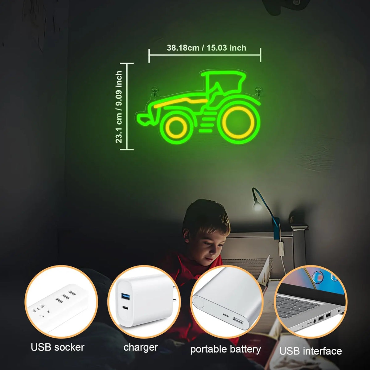 A neon sign shaped like a tractor is mounted on a wall, with surrounding images showing USB sockets, chargers, portable batte
