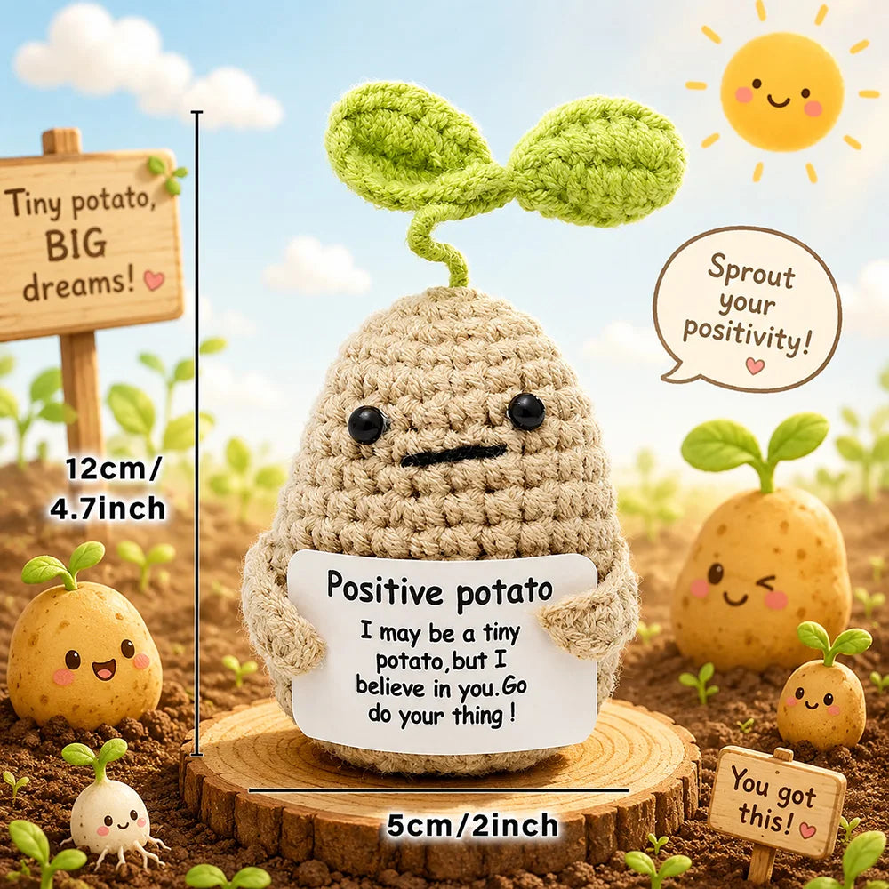 Handmade crochet positive potato plush doll with a sprout, demonstrating big dreams and positivity.