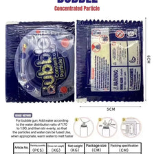 Bag of concentrated particle bubble solution labeled Bubble Concentrated Particle with dimensions and usage instructions