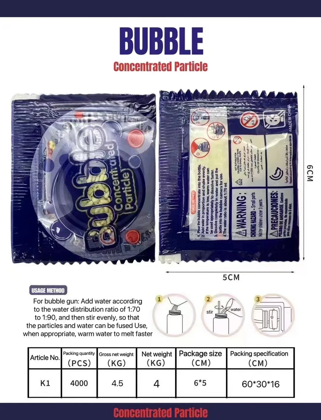 Bag of concentrated particle bubble solution labeled Bubble Concentrated Particle with dimensions and usage instructions