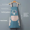 A teal waterproof kitchen apron with a floral pattern and a pocket is displayed on a hanger.
