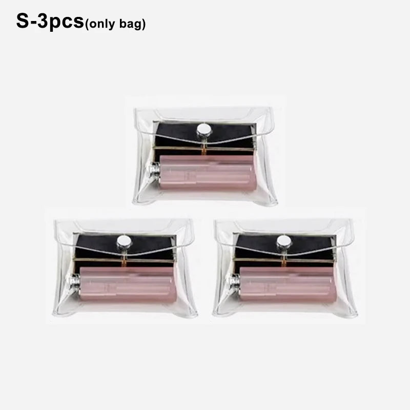 Three clear cosmetic bags designed for waterproof storage of makeup brushes and other items