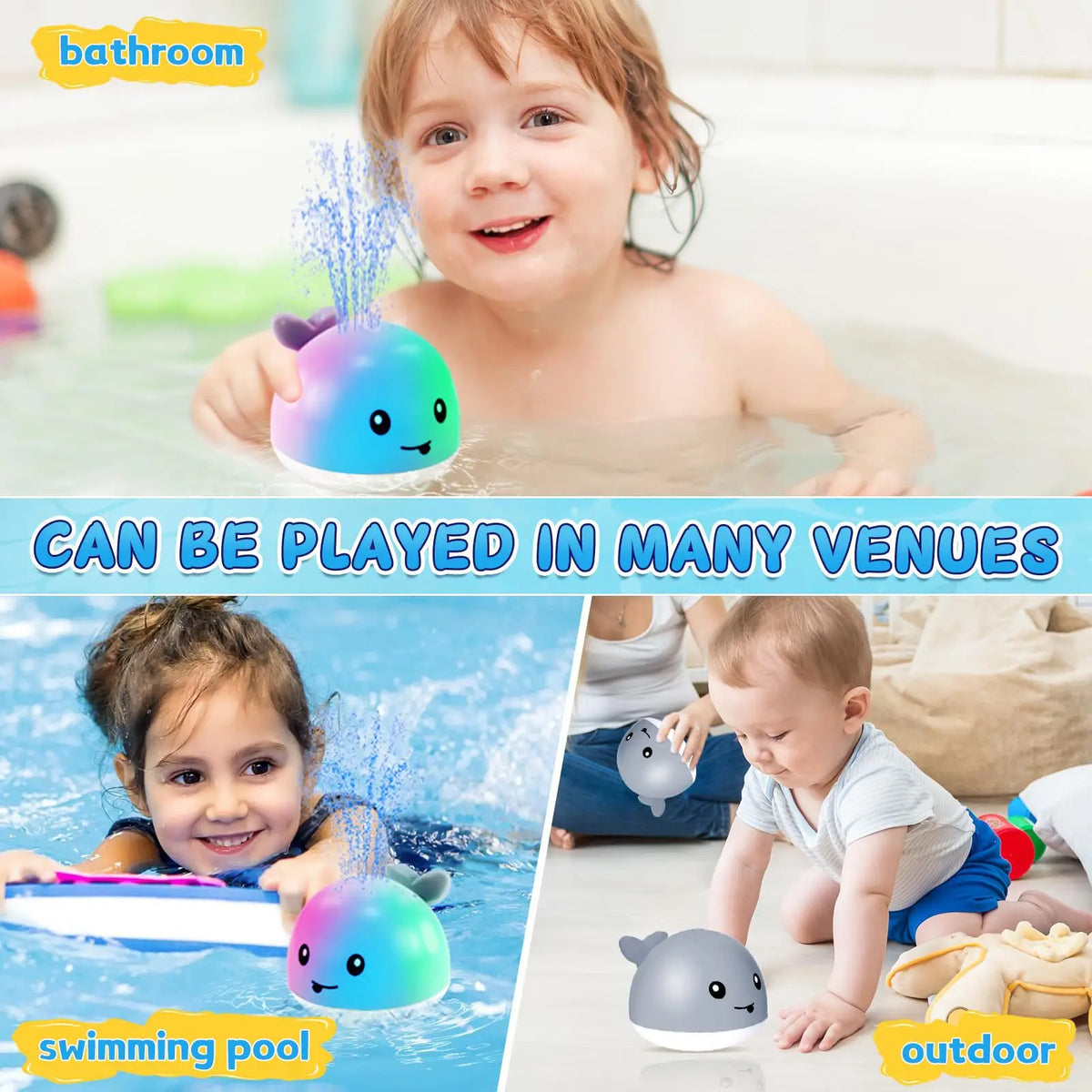 A baby is playing with an interactive light-up whale bath toy that sprays water in a swimming pool or outdoor setting.