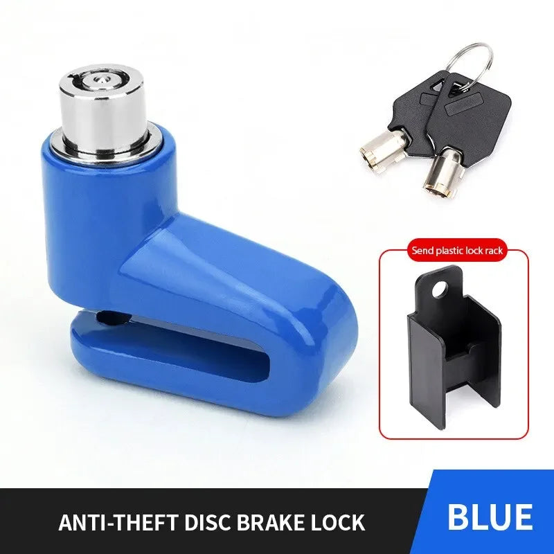 Blue anti-theft disc brake lock featuring a clamp and a key for motorcycle or bike security