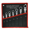 A set of professional ratchet wrenches with 7 pieces and sizes ranging from 8 to 19 millimeters displayed on a black and red 