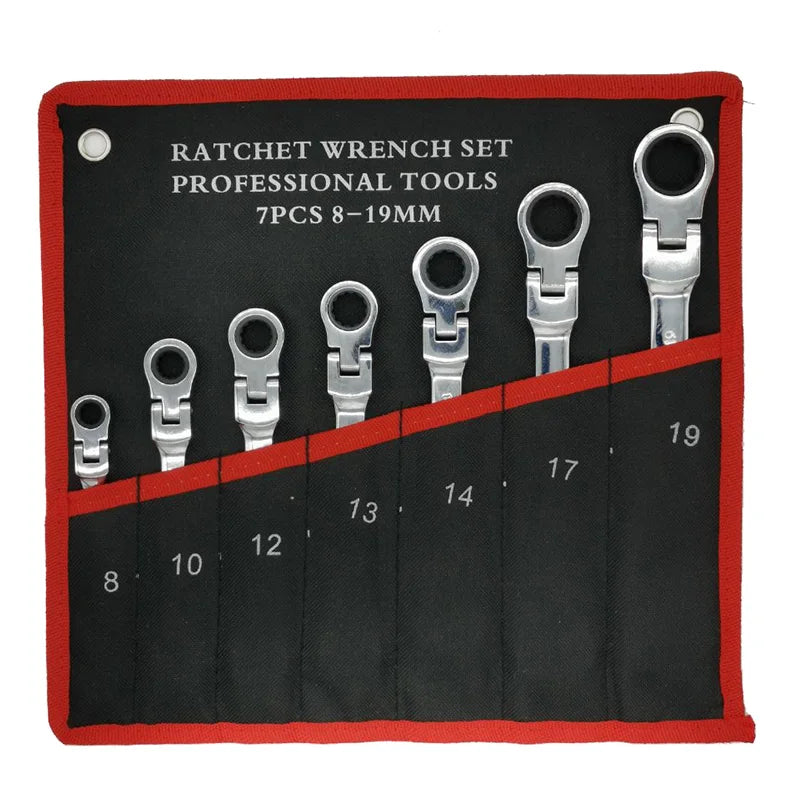 A set of professional ratchet wrenches with 7 pieces and sizes ranging from 8 to 19 millimeters displayed on a black and red 