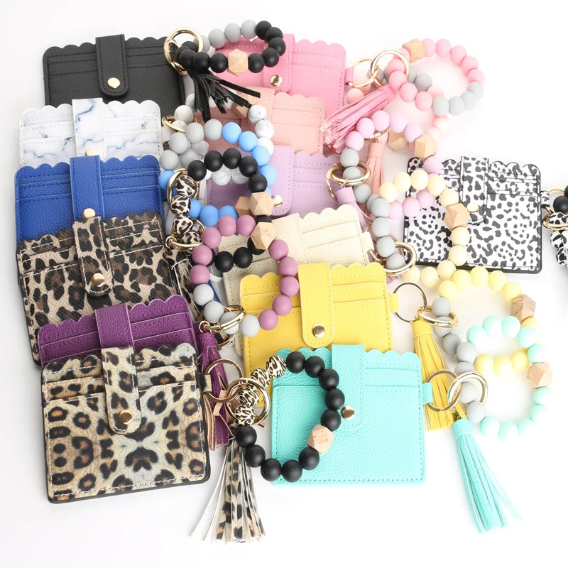 Silicone Bead Bracelet Leather Card Holder Wristlet