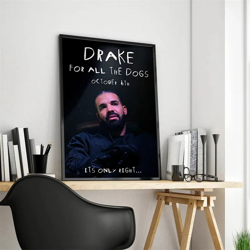 A canvas print featuring Drake album art with the title Drake for all the dogs and the quote Its only right on a black backgr