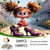 A puzzle featuring a cartoon character in an orange dress and purple high heels.
