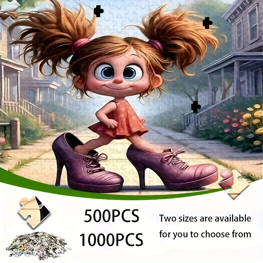 A puzzle featuring a cartoon character in an orange dress and purple high heels.