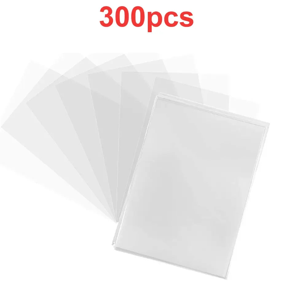 A stack of 300 ultra-clear plastic card sleeves is shown, with one sleeve displayed prominently.