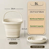 A white collapsible portable bucket shown in its deployed state and folded flat for storage, with capacity details displayed.