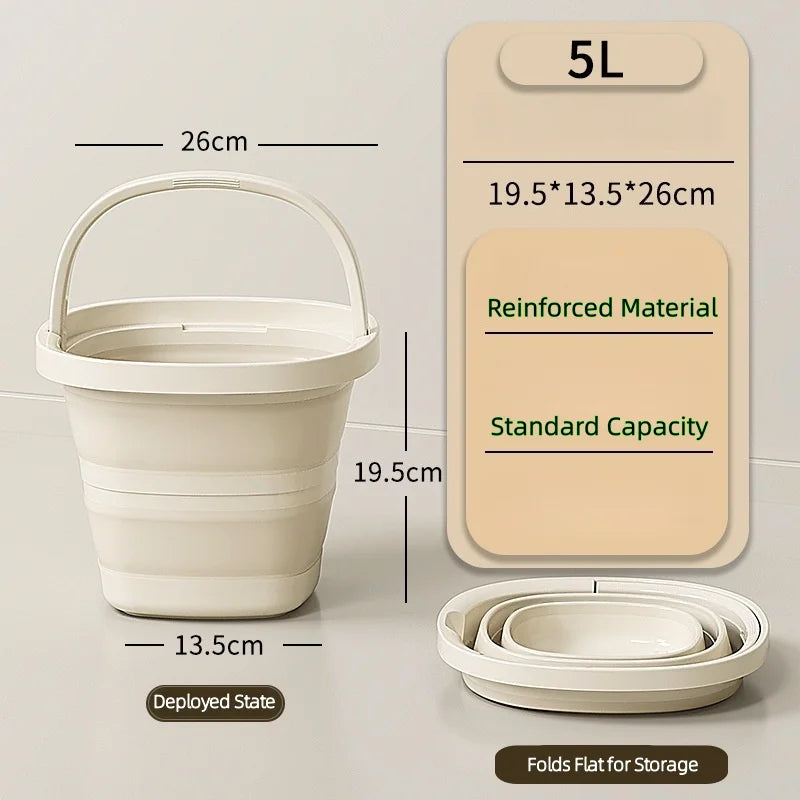 A white collapsible portable bucket shown in its deployed state and folded flat for storage, with capacity details displayed.