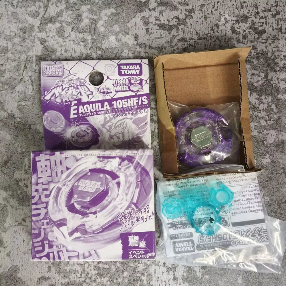 A set of Metal Fusion Spinning Top Battle featuring a purple spinning top and accessories from Takara Tomy