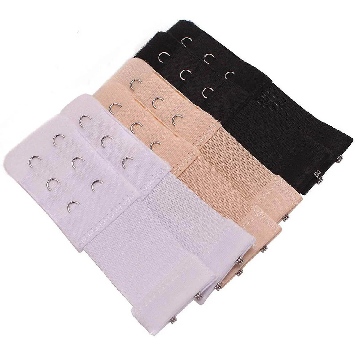 A set of three soft stretch bra extenders in white, beige, and black with hook adjustments.
