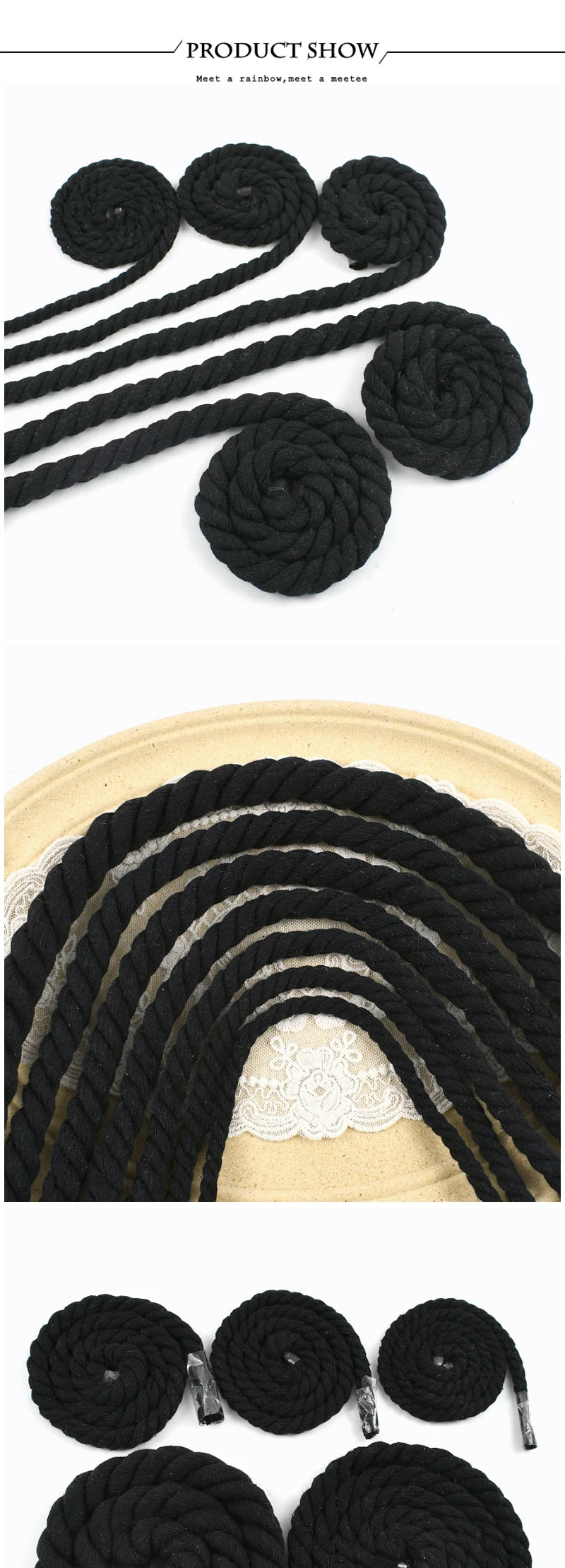Black natural twisted cotton cord samples showing various coiled and braided textures.