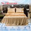 Luxury ice silk cooling bed sheets displayed on a bed with gold accents and winter snowflake graphics.