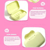 A yellow portable soap holder with a lid shown in two views, highlighting its fine material and lock design.