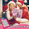 A young girl holds a pink interactive music dance mat with lights for kids in front of a woman wearing a Santa hat.