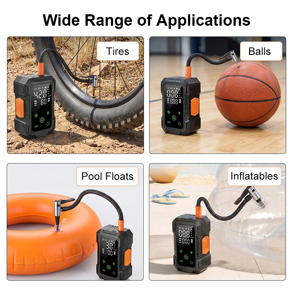 Portable cordless tire inflator device with digital display and LED light shown next to various items like tires, balls, pool