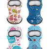 A set of four kids winter balaclava masks featuring different designs including animals, rockets, and sports themes.