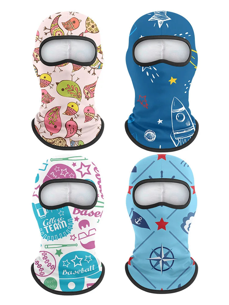 A set of four kids winter balaclava masks featuring different designs including animals, rockets, and sports themes.