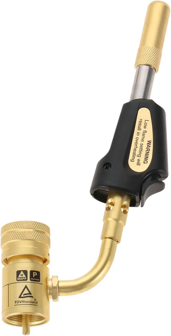 A gold and black adjustable turbo torch with a trigger mechanism.