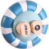 A round adhesive patch with blue and white stripes, featuring a circular center and a small circular emblem.