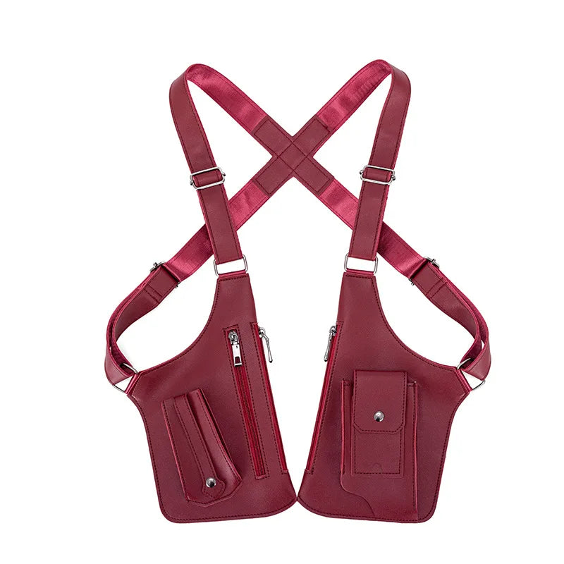 A maroon anti-theft underarm wallet bag with an adjustable strap shown in a crossed configuration.