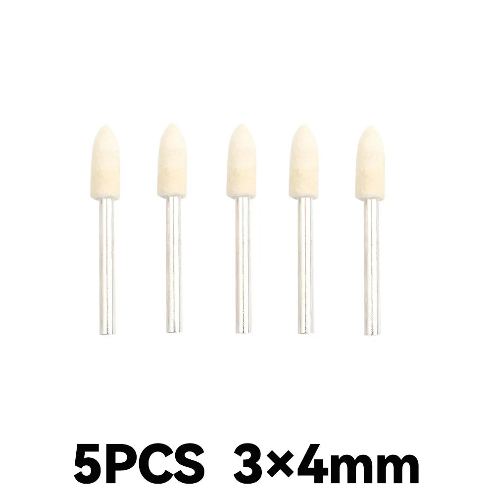 Five white wool felt polishing wheels with 3mm shank for rotary tools