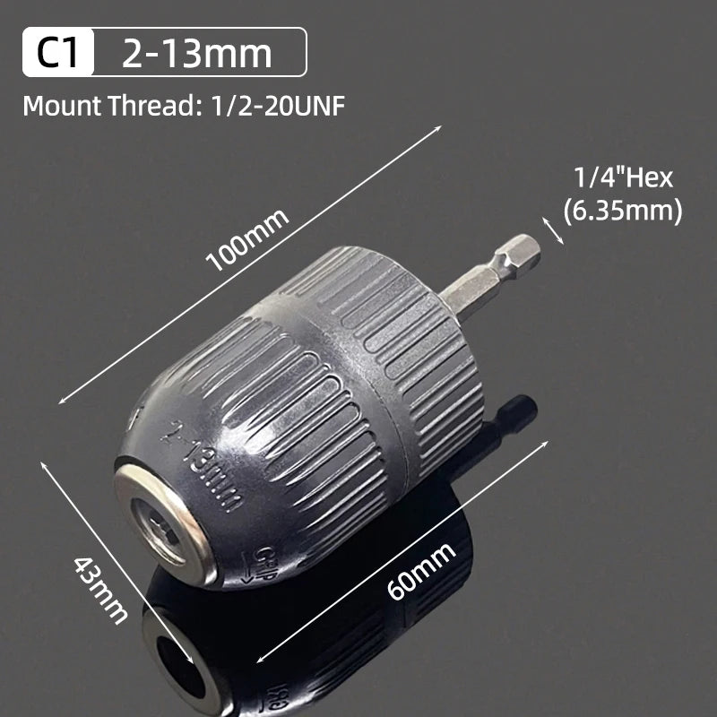 A close-up view of a C1 mount thread drill chuck with a 2-13mm shank and a 1/4 inch hex adapter.