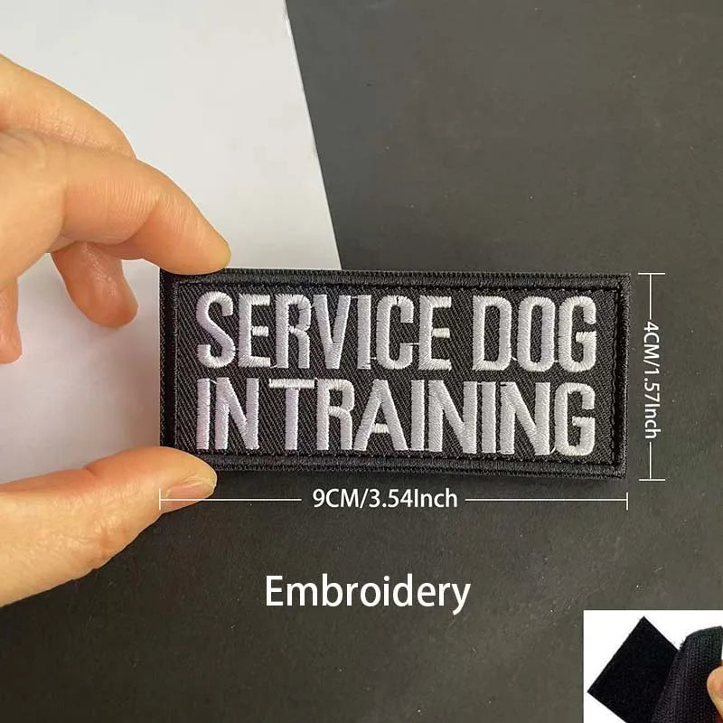 Black embroidered patch for service dog in training with measurements and reflective details