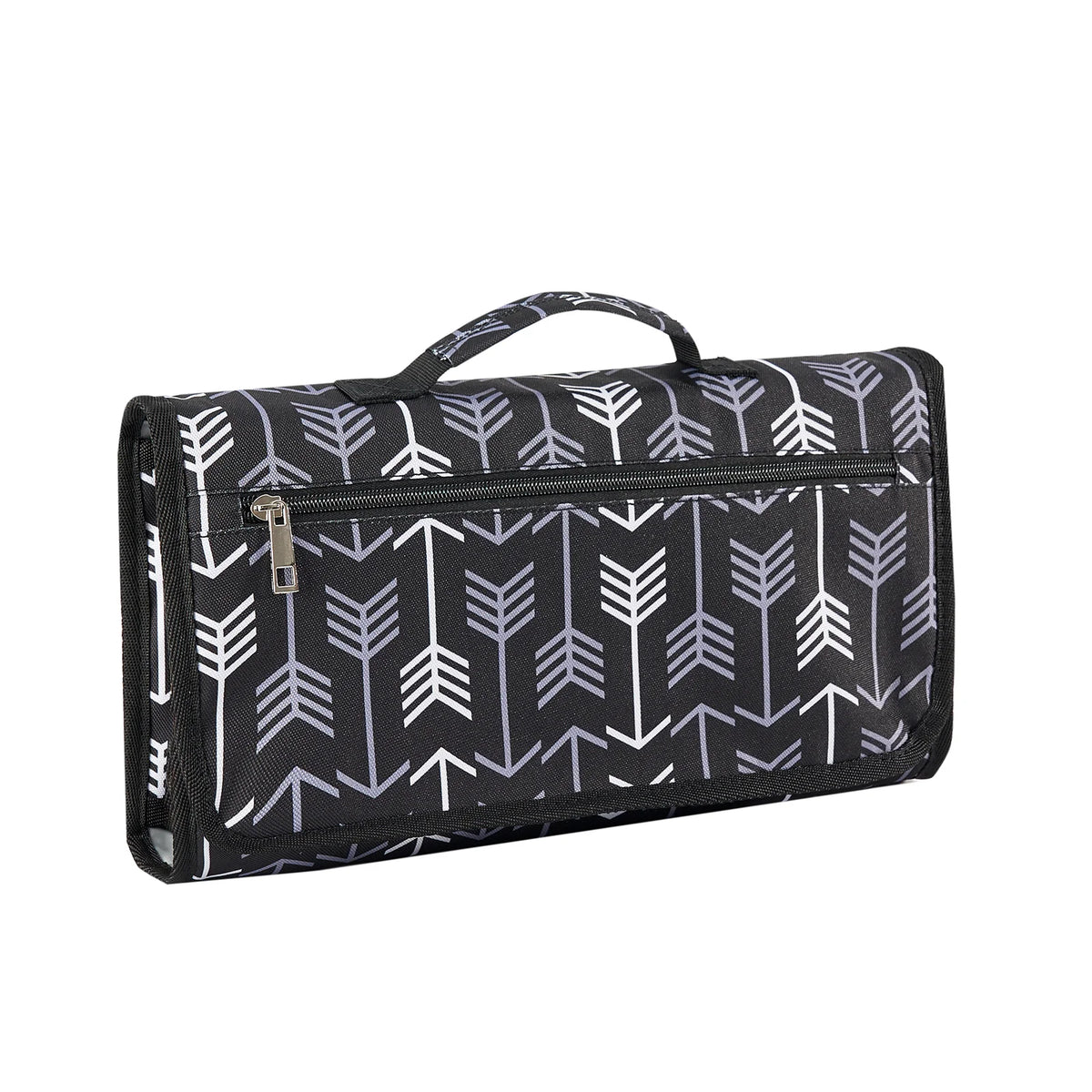 Black and white patterned foldable waterproof baby changing pad with a carrying handle
