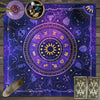 A mystical zodiac tarot tablecloth featuring a purple and gold celestial chart with zodiac signs and constellations.