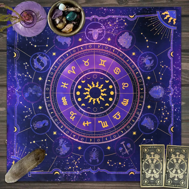 A mystical zodiac tarot tablecloth featuring a purple and gold celestial chart with zodiac signs and constellations.