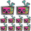 A set of ten embroidered iron-on patches featuring pink skulls with crossed eyes and horror themes.