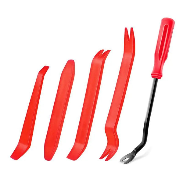 A set of red professional auto trim removal tools, including levers and a scraper.