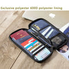 Dunkelblaue Polyester-Pass- und Ausweiswallet mit Karten und Stift auf Holzoberfläche.