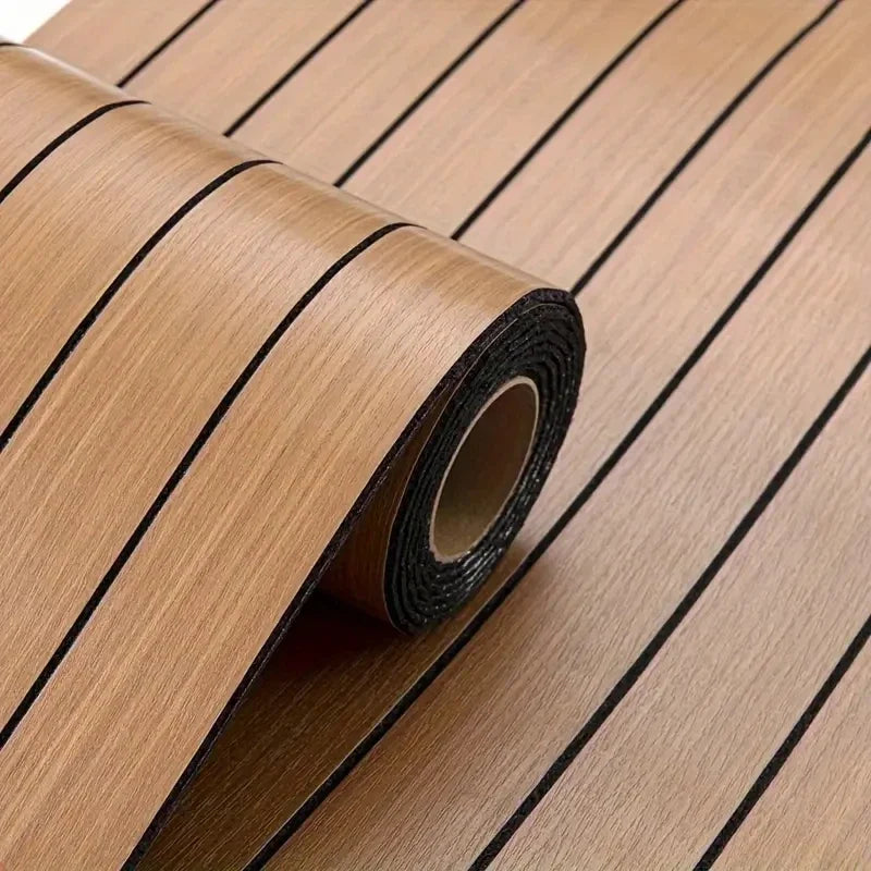 Roll of extra thick 3D wood grain self-adhesive wallpaper showing vertical wood texture.