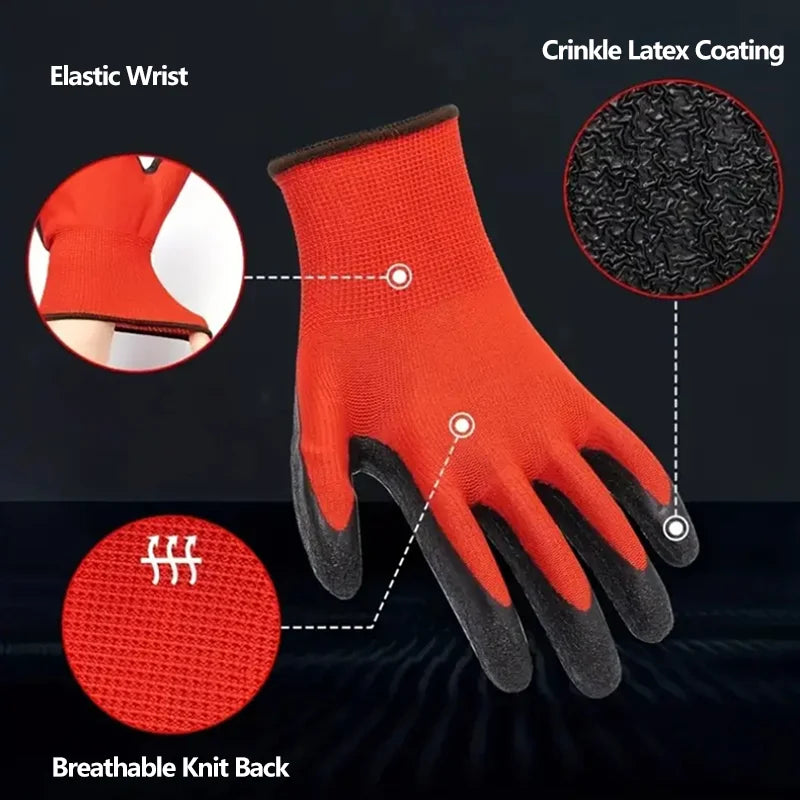 Orange crinkle latex coated work gloves featuring an elastic wrist and breathable knit back